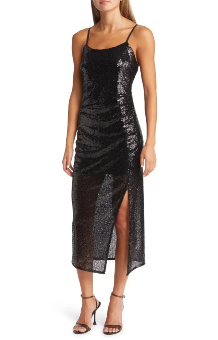 OPEN EDIT Sequin Midi Slip dress Sleeveless Scoop Neck Side Split Black Womens L